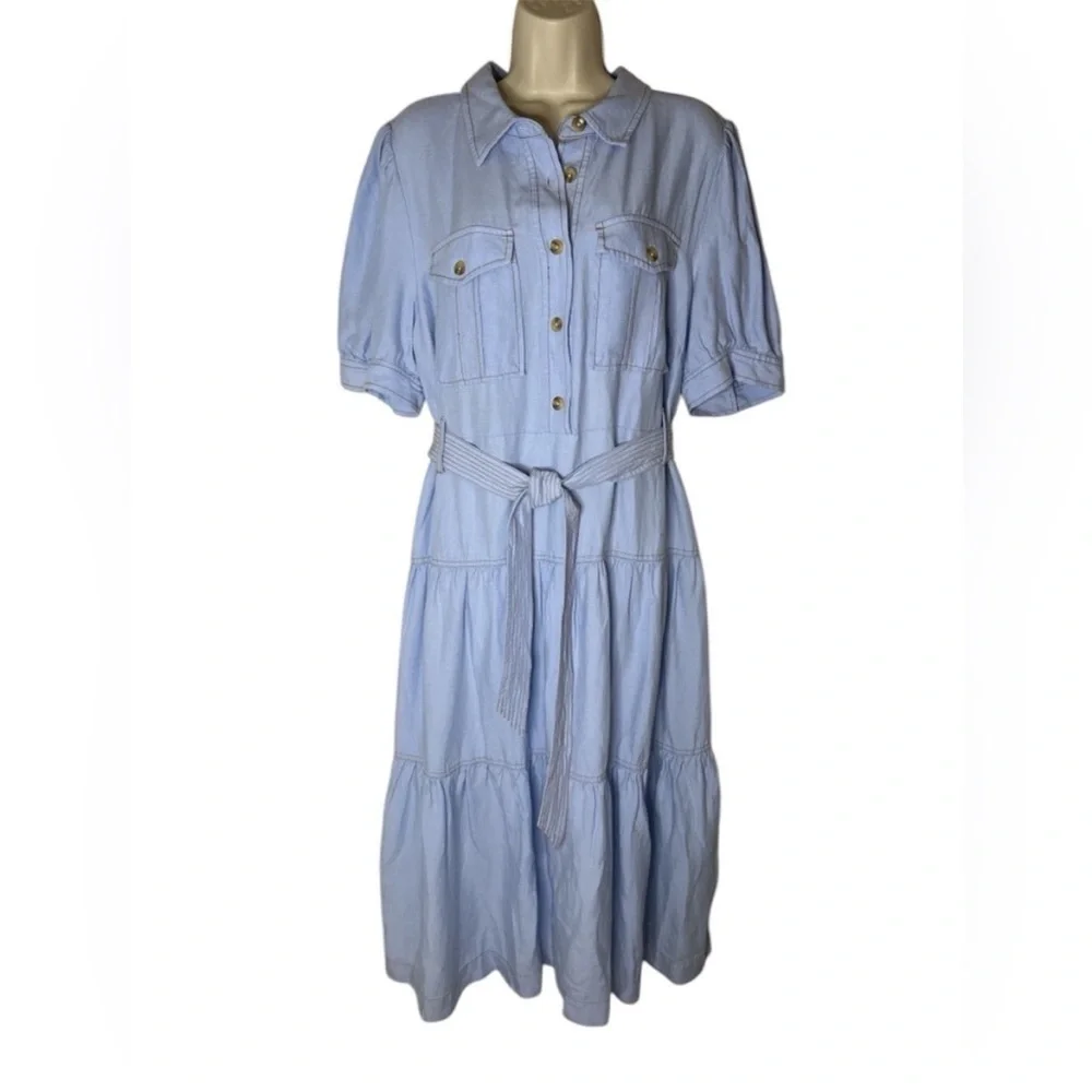 Soft Surroundings NWT Blue Midi Dress with Puff Sleeves and Pleats - Picture 2 of 10